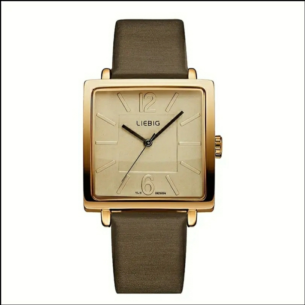 NEW! Golden Coffee Square Quartz Watch with Brown Leather Strap - Picture 4 of 12